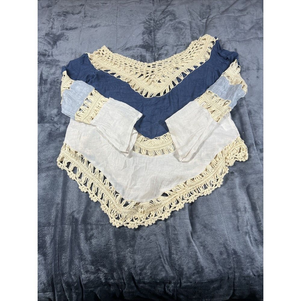 Umgee Sz S Pullover Boho Top 3/4 Sleeves Crochet Blue Tie Dye EUC!